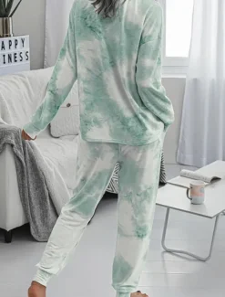 New Women's Pajama Set Casual Comfort Tie Dye Elastic Waist T Shirt Pant Home Daily Long Sleeve Crew Neck Pink Blue Green Rainbow Gray Summer Spring Fall Regular Fit Women Sleepwear