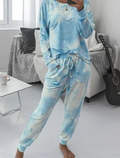New Women's Pajama Set Casual Comfort Tie Dye Elastic Waist T Shirt Pant Home Daily Long Sleeve Crew Neck Pink Blue Green Rainbow Gray Summer Spring Fall Regular Fit Women Sleepwear