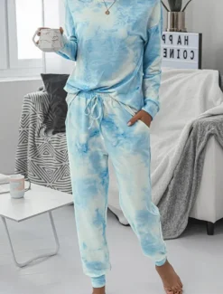 New Women's Pajama Set Casual Comfort Tie Dye Elastic Waist T Shirt Pant Home Daily Long Sleeve Crew Neck Pink Blue Green Rainbow Gray Summer Spring Fall Regular Fit Women Sleepwear