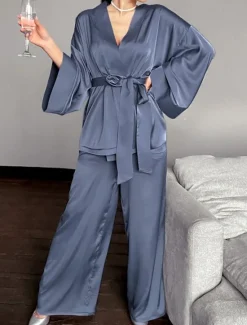 Online Women's Pajama Set Casual Comfort Pure Color Elastic Waist Robe Top Pant Home Daily Half Sleeve V Neck Black Green Summer Spring Fall Regular Fit Women Pajama-Setter
