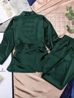 Online Women's Pajama Set Casual Comfort Pure Color Elastic Waist Robe Top Pant Home Daily Half Sleeve V Neck Black Green Summer Spring Fall Regular Fit Women Pajama-Setter