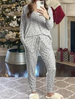 Discount Women's Pajama Set Casual Comfort Leopard Elastic Waist T Shirt Pant Home Daily Long Sleeve V Neck Pink Blue Gray Summer Spring Fall Regular Fit Women Pajama-Setter