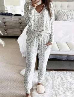 Discount Women's Pajama Set Casual Comfort Leopard Elastic Waist T Shirt Pant Home Daily Long Sleeve V Neck Pink Blue Gray Summer Spring Fall Regular Fit Women Pajama-Setter
