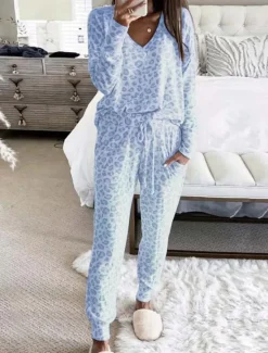 Discount Women's Pajama Set Casual Comfort Leopard Elastic Waist T Shirt Pant Home Daily Long Sleeve V Neck Pink Blue Gray Summer Spring Fall Regular Fit Women Pajama-Setter