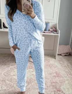Discount Women's Pajama Set Casual Comfort Leopard Elastic Waist T Shirt Pant Home Daily Long Sleeve V Neck Pink Blue Gray Summer Spring Fall Regular Fit Women Pajama-Setter