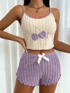New Women's Pajama Set Casual Comfort Cherry Elastic Waist Strap Top Shorts Home Daily Sleeveless Straps Yellow Pink Blue Purple Summer Regular Fit Women Sleepwear