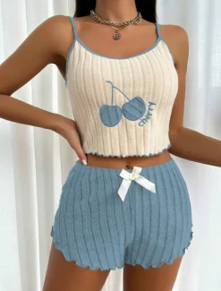 New Women's Pajama Set Casual Comfort Cherry Elastic Waist Strap Top Shorts Home Daily Sleeveless Straps Yellow Pink Blue Purple Summer Regular Fit Women Sleepwear