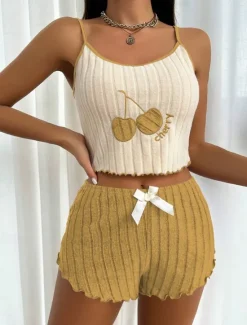 New Women's Pajama Set Casual Comfort Cherry Elastic Waist Strap Top Shorts Home Daily Sleeveless Straps Yellow Pink Blue Purple Summer Regular Fit Women Sleepwear