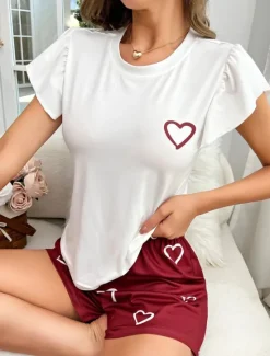 Hot Women's Pajama Set Casual Comfort Heart Elastic Waist T Shirt Shorts Home Valentine's Day Daily Short Sleeve Crew Neck Summer Spring Regular Fit Women Pajama-Setter