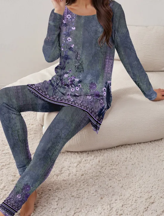 Discount Women's Pajama Set Loungewear Round Neck Long Sleeve Casual Tee Pants Sets Print Outdoor Sports Daily Light Green Spring & Fall Home Outfits Women Sleepwear