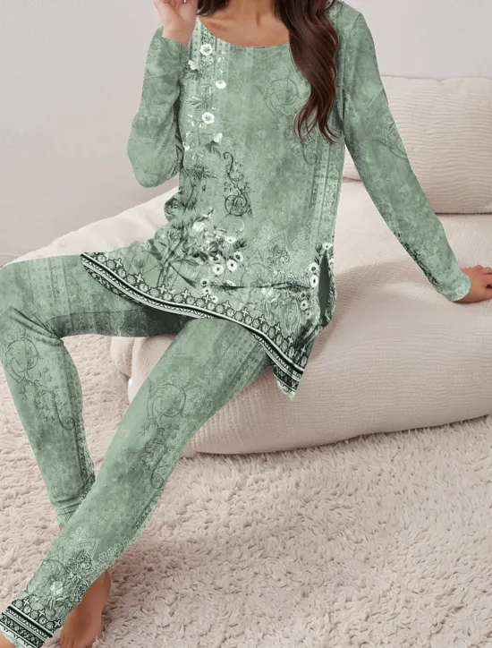 Discount Women's Pajama Set Loungewear Round Neck Long Sleeve Casual Tee Pants Sets Print Outdoor Sports Daily Light Green Spring & Fall Home Outfits Women Sleepwear
