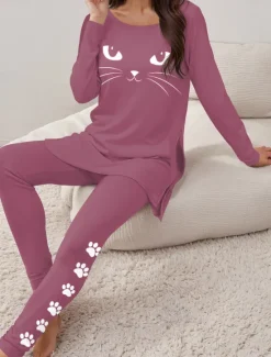 Outlet Women's Pajama Set Loungewear Round Neck Long Sleeve Casual Tee Pants Sets Print Outdoor Sports Daily Black Spring & Fall Home Outfits Women Sleepwear