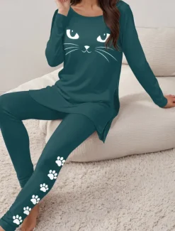 Outlet Women's Pajama Set Loungewear Round Neck Long Sleeve Casual Tee Pants Sets Print Outdoor Sports Daily Black Spring & Fall Home Outfits Women Sleepwear