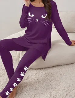 Outlet Women's Pajama Set Loungewear Round Neck Long Sleeve Casual Tee Pants Sets Print Outdoor Sports Daily Black Spring & Fall Home Outfits Women Sleepwear