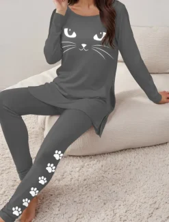Outlet Women's Pajama Set Loungewear Round Neck Long Sleeve Casual Tee Pants Sets Print Outdoor Sports Daily Black Spring & Fall Home Outfits Women Sleepwear