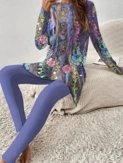 Discount Women's Pajama Set Loungewear Round Neck Long Sleeve Casual Fashion Pants Sets Pants Trousers Color Block Print Daily Regular Fit Women Sleepwear
