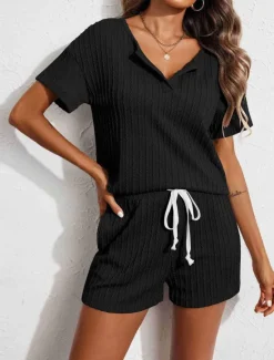 Hot Women's Pajama Set Pure Color Casual Comfort Home Daily Spandex Comfort V Wire Short Sleeve Pant Elastic Waist Summer Home Outfits Women Pajama-Setter