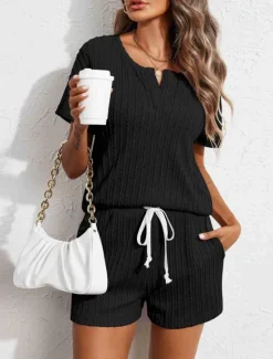 Hot Women's Pajama Set Pure Color Casual Comfort Home Daily Spandex Comfort V Wire Short Sleeve Pant Elastic Waist Summer Home Outfits Women Pajama-Setter