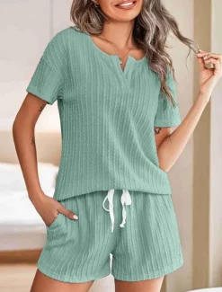 Hot Women's Pajama Set Pure Color Casual Comfort Home Daily Spandex Comfort V Wire Short Sleeve Pant Elastic Waist Summer Home Outfits Women Pajama-Setter