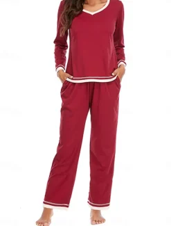 Best Women's Pajama Set Pure Color Casual Comfort Home Daily Cotton Comfort Warm Crew Neck Long Sleeve T shirt Pant Elastic Waist Fall Winter Home Outfits Women Pajama-Setter