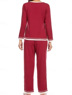 Best Women's Pajama Set Pure Color Casual Comfort Home Daily Cotton Comfort Warm Crew Neck Long Sleeve T shirt Pant Elastic Waist Fall Winter Home Outfits Women Pajama-Setter