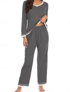 Best Women's Pajama Set Pure Color Casual Comfort Home Daily Cotton Comfort Warm Crew Neck Long Sleeve T shirt Pant Elastic Waist Fall Winter Home Outfits Women Pajama-Setter
