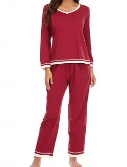 Best Women's Pajama Set Pure Color Casual Comfort Home Daily Cotton Comfort Warm Crew Neck Long Sleeve T shirt Pant Elastic Waist Fall Winter Home Outfits Women Pajama-Setter