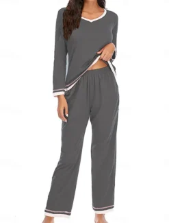 Best Women's Pajama Set Pure Color Casual Comfort Home Daily Cotton Comfort Warm Crew Neck Long Sleeve T shirt Pant Elastic Waist Fall Winter Home Outfits Women Pajama-Setter
