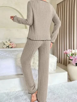 Sale Women's Pajama Set Pure Color Casual Comfort Home Daily Comfort Warm V Neck Long Sleeve T shirt Pant Elastic Waist Fall Winter Home Outfits Women Sleepwear