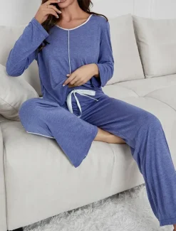 Discount Women's Pajama Set Pure Color Casual Comfort Home Daily Comfort Warm V Neck Long Sleeve T shirt Tee Pant Elastic Waist Fall Winter Home Outfits Women Pajama-Setter