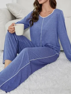 Discount Women's Pajama Set Pure Color Casual Comfort Home Daily Comfort Warm V Neck Long Sleeve T shirt Tee Pant Elastic Waist Fall Winter Home Outfits Women Pajama-Setter