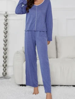 Discount Women's Pajama Set Pure Color Casual Comfort Home Daily Comfort Warm V Neck Long Sleeve T shirt Tee Pant Elastic Waist Fall Winter Home Outfits Women Pajama-Setter