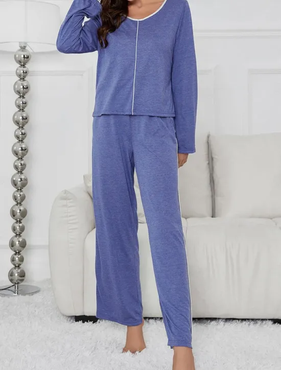 Discount Women's Pajama Set Pure Color Casual Comfort Home Daily Comfort Warm V Neck Long Sleeve T shirt Tee Pant Elastic Waist Fall Winter Home Outfits Women Pajama-Setter