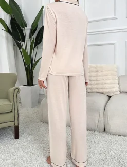 Outlet Women's Pajama Set Pure Color Casual Comfort Home Daily Comfort Warm Lapel Long Sleeve Shirt Pant Button Up Elastic Waist Fall Winter Home Outfits Women Pajama-Setter