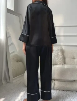 Women's Pajama Set Pure Color Casual Comfort Home Daily Satin Silk Comfort Warm Lapel Long Sleeve Shirt Pant Button Up Elastic Waist Fall Winter Home Outfits Women Pajama-Setter