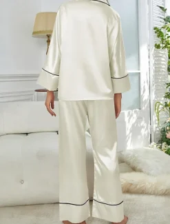 Women's Pajama Set Pure Color Casual Comfort Home Daily Satin Silk Comfort Warm Lapel Long Sleeve Shirt Pant Button Up Elastic Waist Fall Winter Home Outfits Women Pajama-Setter