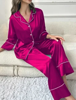 Women's Pajama Set Pure Color Casual Comfort Home Daily Satin Silk Comfort Warm Lapel Long Sleeve Shirt Pant Button Up Elastic Waist Fall Winter Home Outfits Women Pajama-Setter