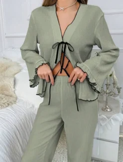 Women's Pajama Set Pure Color Casual Comfort Home Daily Comfort Warm V Neck Long Sleeve Shirt Pant Elastic Waist Fall Winter Home Outfits Women Pajama-Setter