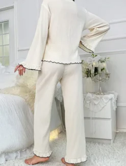 Women's Pajama Set Pure Color Casual Comfort Home Daily Comfort Warm V Neck Long Sleeve Shirt Pant Elastic Waist Fall Winter Home Outfits Women Pajama-Setter