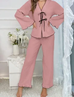 Women's Pajama Set Pure Color Casual Comfort Home Daily Comfort Warm V Neck Long Sleeve Shirt Pant Elastic Waist Fall Winter Home Outfits Women Pajama-Setter