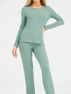 Clearance Women's Pajama Set Pure Color Casual Comfort Home Daily Comfort Warm Crew Neck Long Sleeve T shirt Pant Button Elastic Waist Fall Winter Home Outfits Women Pajama-Setter