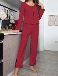 New Women's Pajama Set Pure Color Casual Comfort Home Daily Comfort Warm V Neck Long Sleeve T shirt Pant Button Up Elastic Waist Fall Winter Home Outfits Women Pajama-Setter