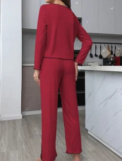 New Women's Pajama Set Pure Color Casual Comfort Home Daily Comfort Warm V Neck Long Sleeve T shirt Pant Button Up Elastic Waist Fall Winter Home Outfits Women Pajama-Setter