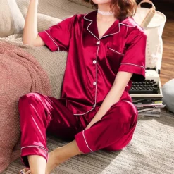 Hot Women's Pajama Set Satin Notch Collar Short Sleeve Elastic Waist Home Loungewear Burgundy Silk-like Sleepwear All Seasons Comfort Fit Women Pajama-Setter