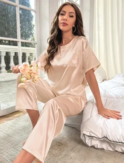 Online Women's Pajamas 2 Pieces Pure Color Fashion Home Breathable Crew Neck Short Sleeve T shirt Pant Summer Home Outfits Women Pajama-Setter