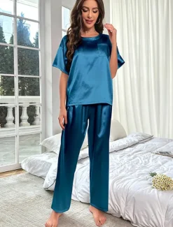 Online Women's Pajamas 2 Pieces Pure Color Fashion Home Breathable Crew Neck Short Sleeve T shirt Pant Summer Home Outfits Women Pajama-Setter