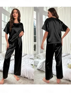 Online Women's Pajamas 2 Pieces Pure Color Fashion Home Breathable Crew Neck Short Sleeve T shirt Pant Summer Home Outfits Women Pajama-Setter