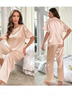 Online Women's Pajamas 2 Pieces Pure Color Fashion Home Breathable Crew Neck Short Sleeve T shirt Pant Summer Home Outfits Women Pajama-Setter