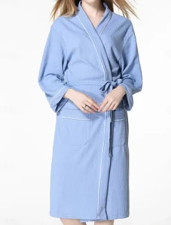 Online Women's Pajamas Bathrobe Pure Color Simple Casual Comfort Home Bed Wedding Party Cotton Terry Breathable V Wire Long Sleeve Pocket Fall Winter Home Outfits Women Pajama-Setter
