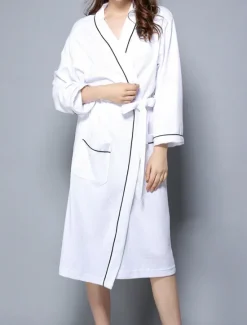 Online Women's Pajamas Bathrobe Pure Color Simple Casual Comfort Home Bed Wedding Party Cotton Terry Breathable V Wire Long Sleeve Pocket Fall Winter Home Outfits Women Pajama-Setter